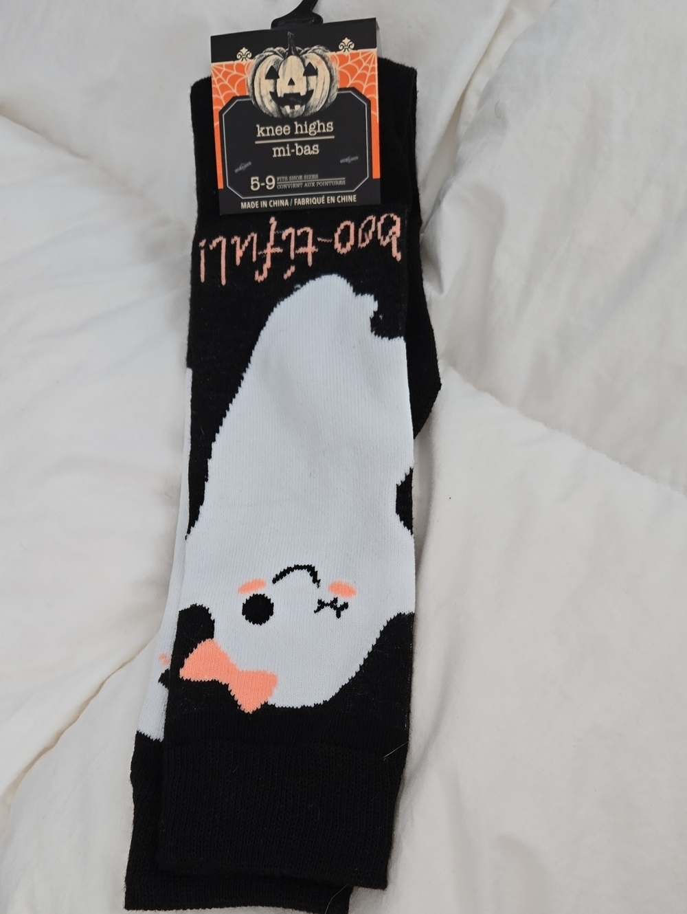 Black & White Ghost Knee High Socks with Pink Accent